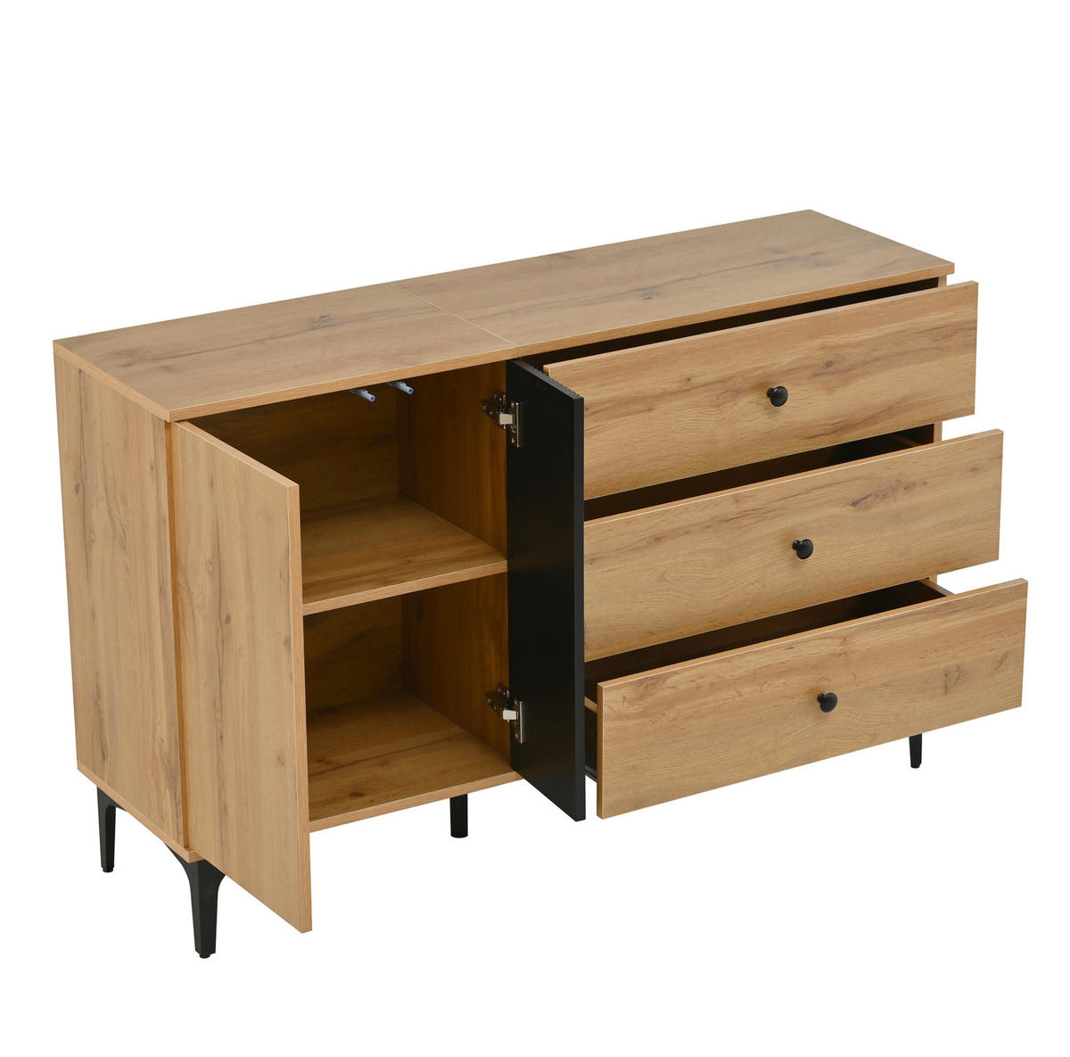 SIDEBOARD 120/35/76 cm in Natur/Schwarz mit 1 Tür, 3 Schubladen und Metallfüßen - Schwarz, Holzwerkstoff (120/76/35cm) - Flora Grace
