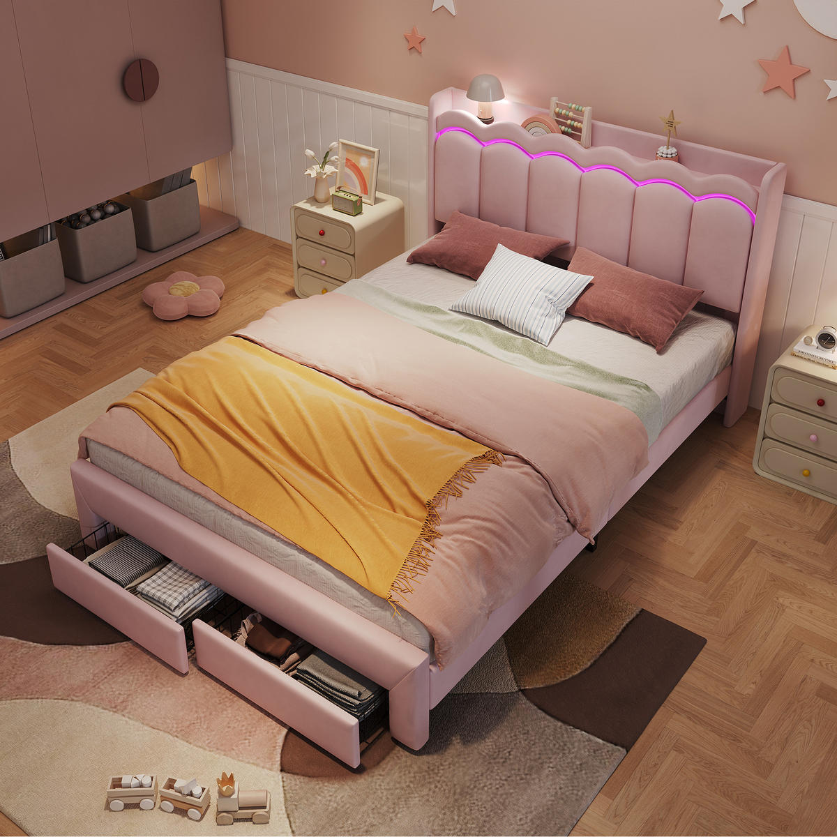 POLSTERBETT 140/200 cm mit 2 Schubladen und LED, DE-41732, in Rosa - Pink, Holzwerkstoff (140/200cm) - ComfortXL