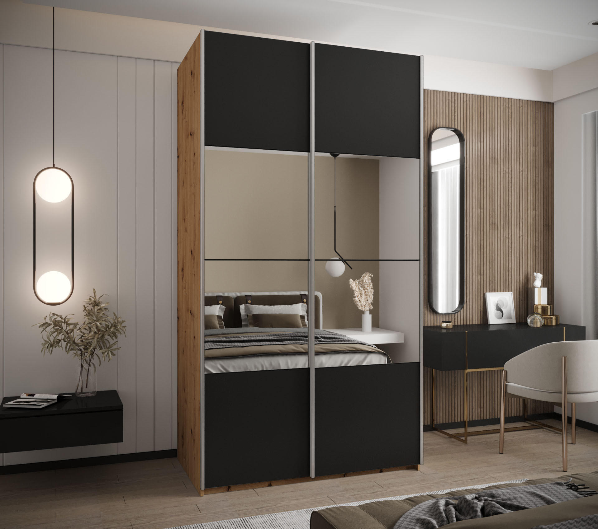 SCHWEBETÜRENSCHRANK 245,5/140/64 2-türig - Silberfarben/Schwarz, Holz/Metall (140/245/64cm) - Abiks Möbel