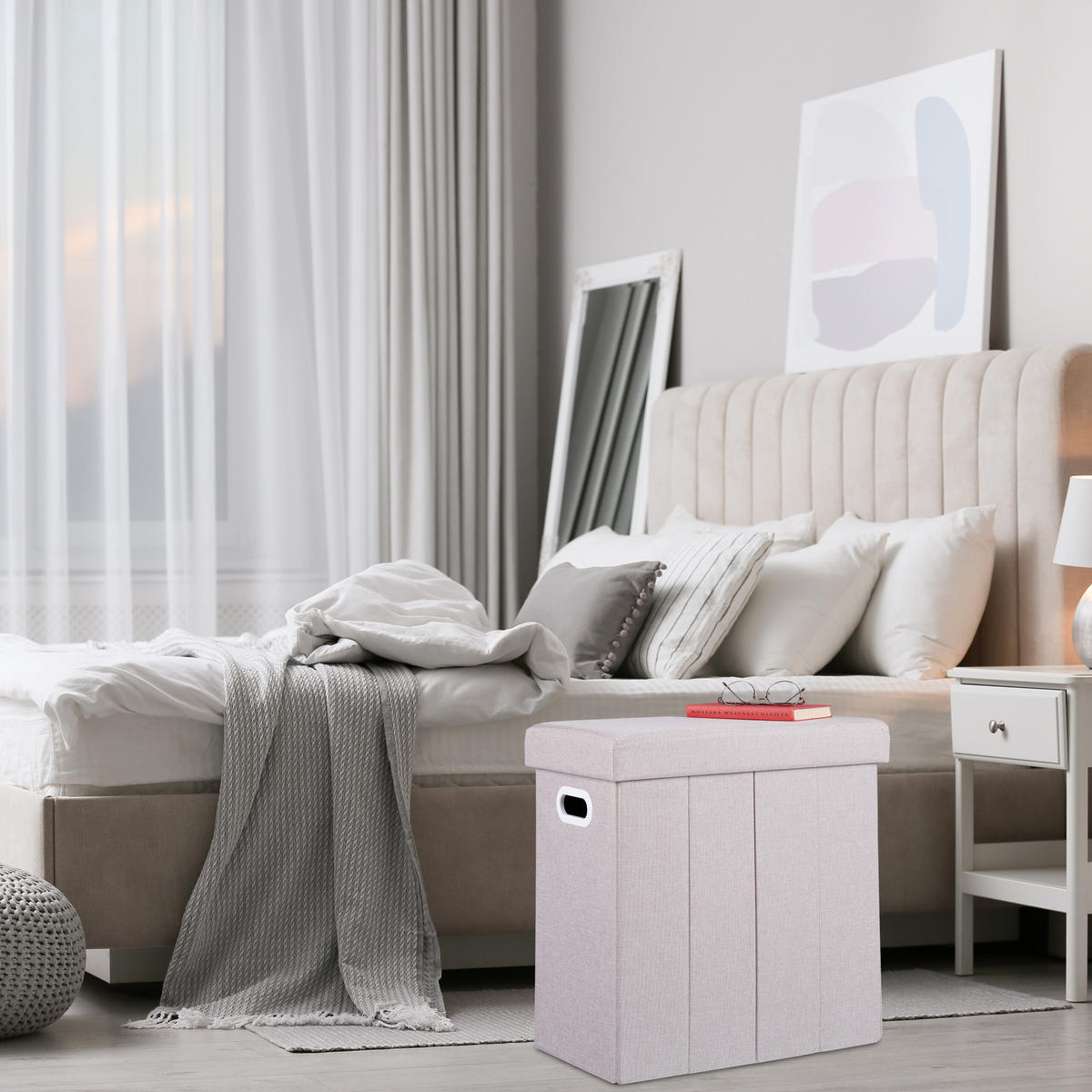 SITZHOCKER - Beige, Holzwerkstoff/Textil (48.5/49/27cm) - Relaxdays