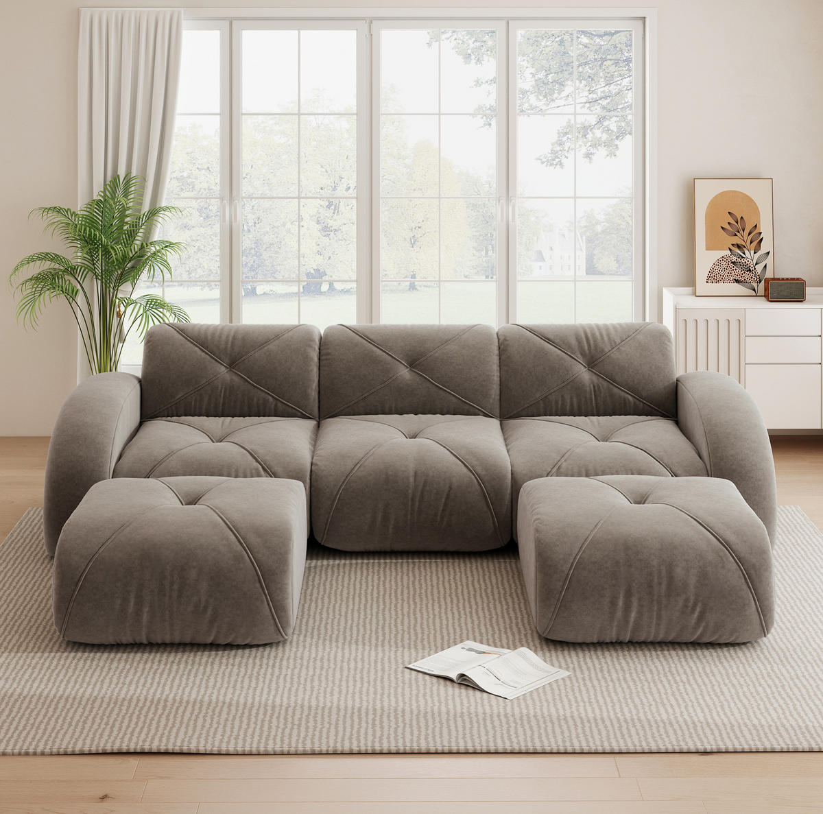 MODULSOFA U-Form Chenille Brown mit 2 Hockern - Braun, Kunststoff (171/76/281.1cm) - Meubliv