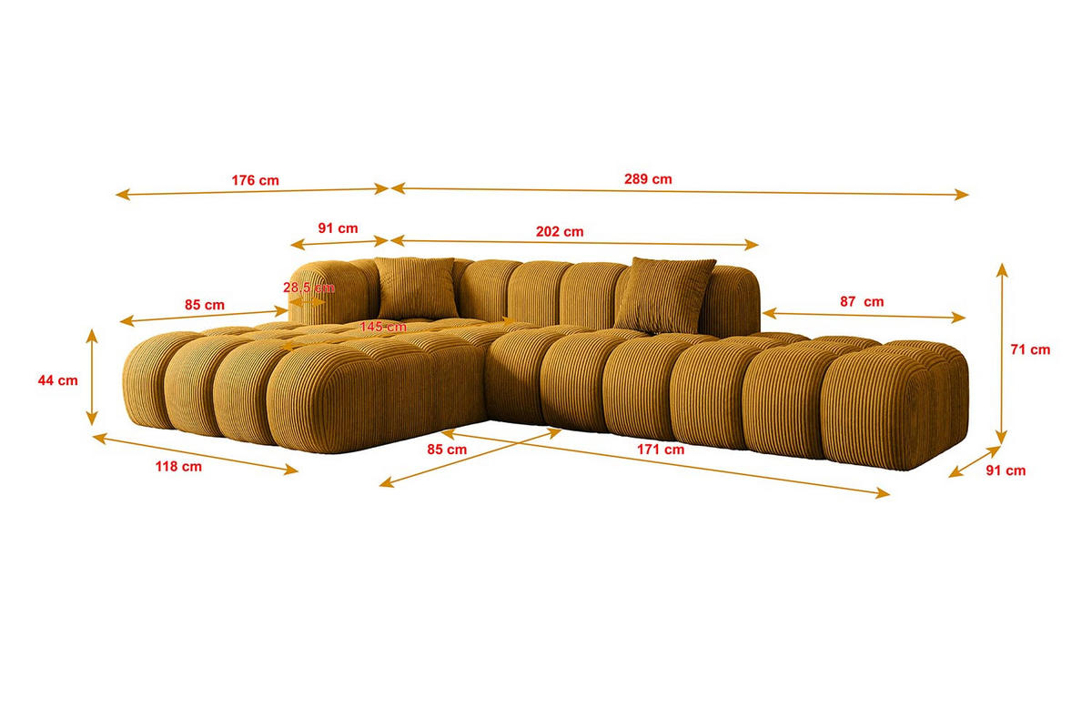 ECKSOFA Ottomane Links OLEA-L2 - 289x176x71 cm Senfgelb Cord - Gelb/Schwarz, Holzwerkstoff/Kunststoff (176/289cm) - ALTDECOR