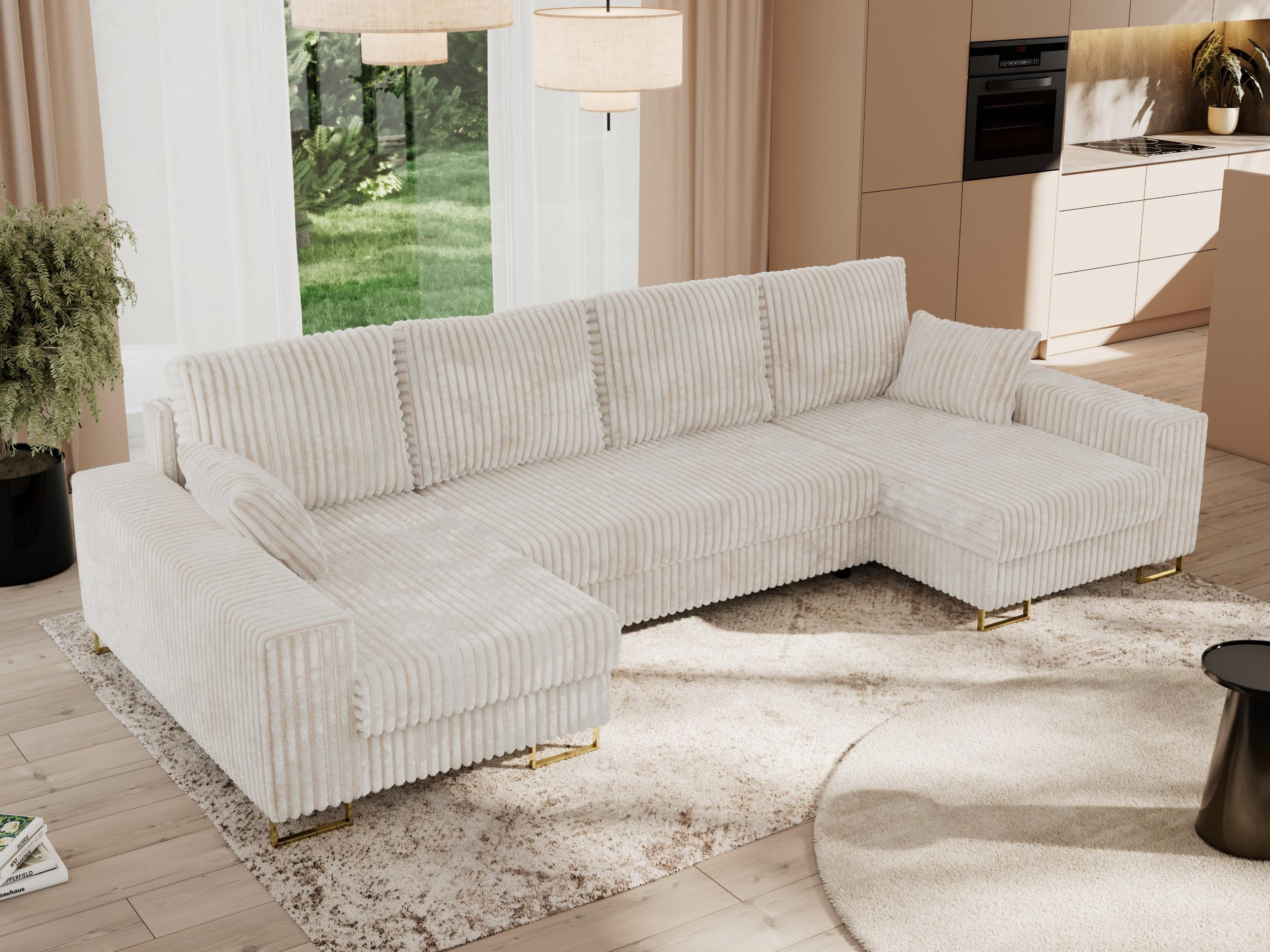WOHNLANDSCHAFT DORIAN U Cord Beige - Beige/Goldfarben, Textil/Metall (312/95/138cm) - MKS
