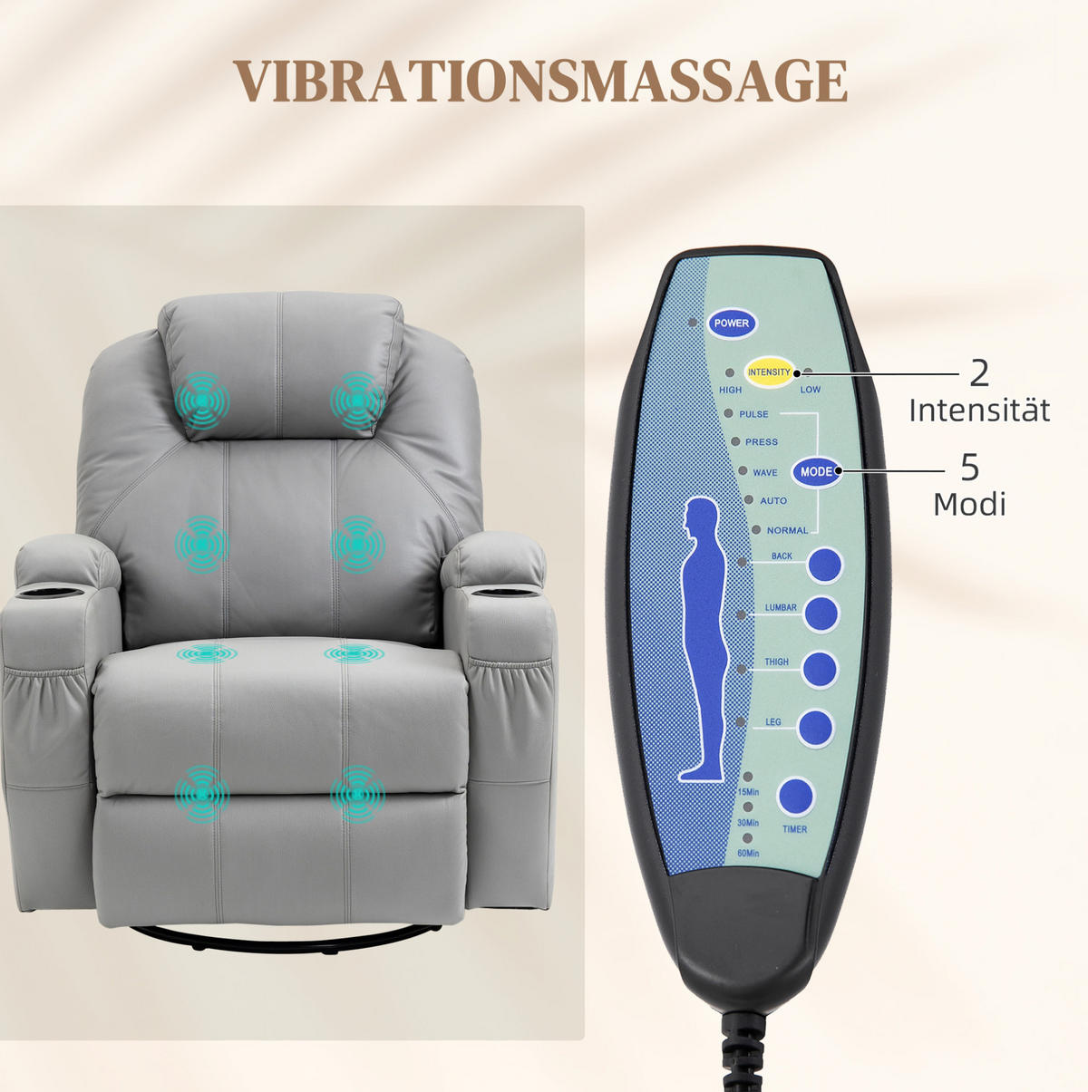 MASSAGESESSEL in Grau 99x89x106 cm mit Liegefunktion, 8 Massagepunkten und 360°-Drehfuß - Grau, Metall (89/106/99cm) - IVMEU