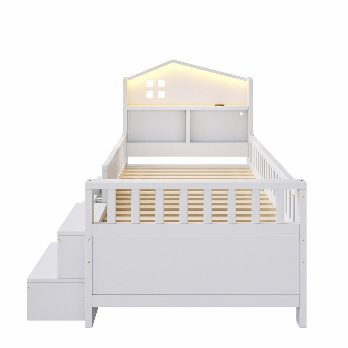 KINDERBETT mit 4 Schubladen 90x200 cm Weiß mit LED und Ladeanschlüssen - Weiß, Holzwerkstoff (90/200cm) - Beauniv
