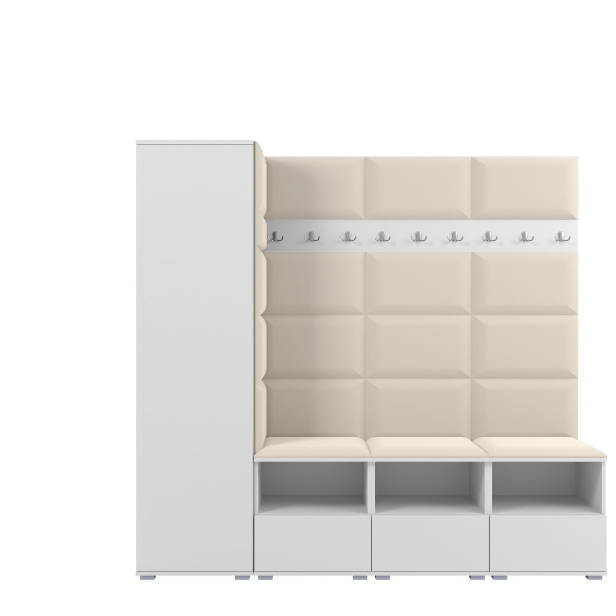 GARDEROBE NELA IX 200 cm (Modulare Flurmöbel Weiß mit Sitzpolster Creme 01 Breite Sitzbank) - Silberfarben/Creme, Holz/Holzwerkstoff (200/187/40cm) - Ravio