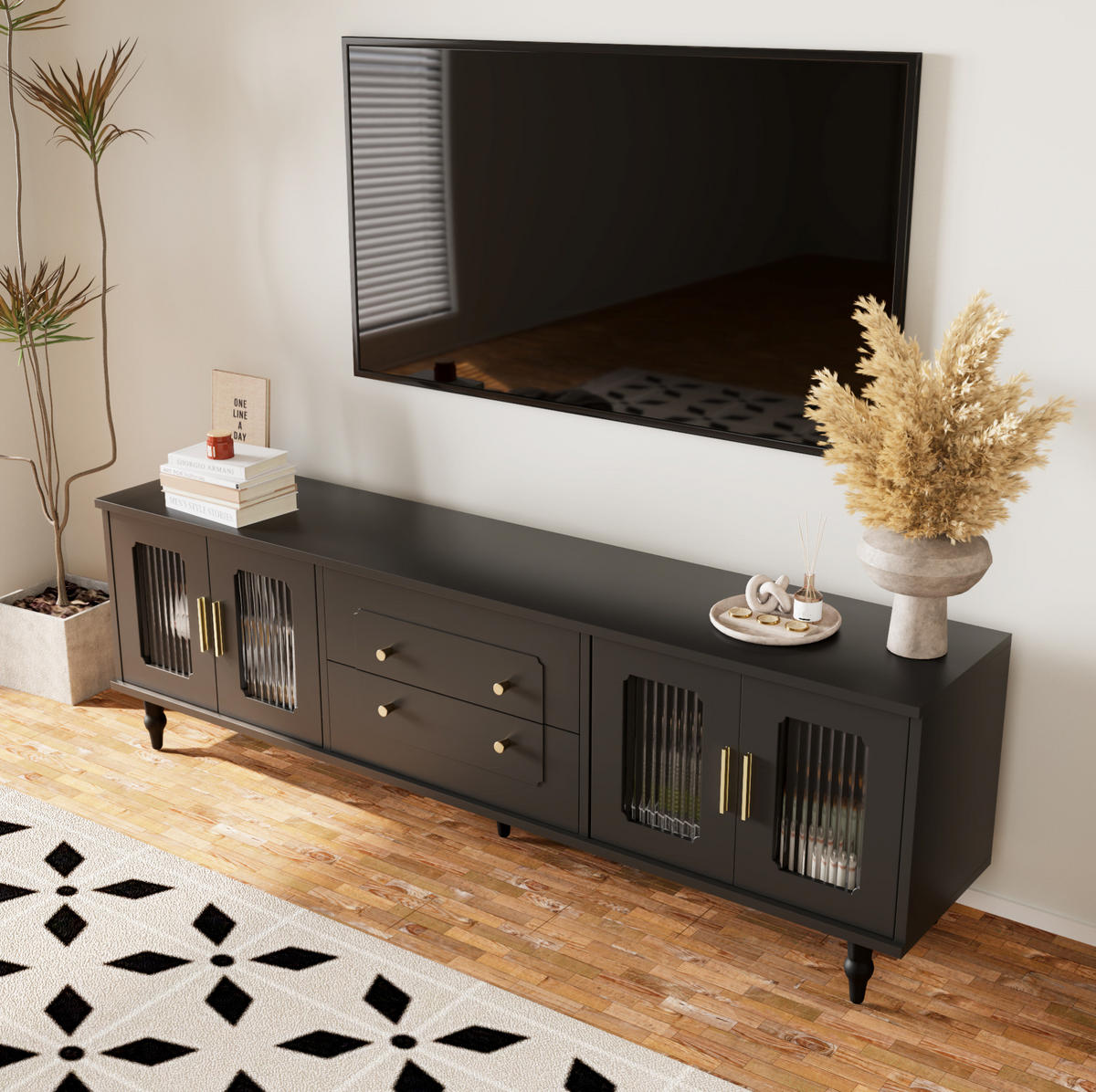 TV-SCHRANK in Schwarz mit geriffeltem Glas und Push-to-Open Funktion 175/38/55.5 cm - Schwarz, Holzwerkstoff (177/55.5/38cm) - Redom