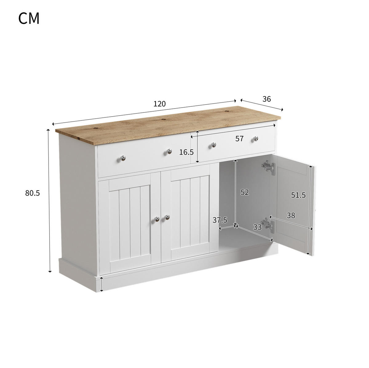 SIDEBOARD 120/36/80.5 cm Weiß und Holzfarbe aus Spanplatte mit 3 Türen und 2 Schubladen - Weiß, Holzwerkstoff (36/80.5/120cm) - OKMYHOME