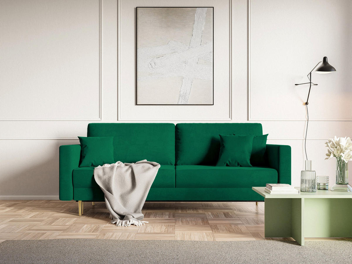 SCHLAFSOFA Valico Dunkelgrün hydrophober Samt - Dunkelgrün/Goldfarben, Textil/Metall (230/90/97cm) - Selsey