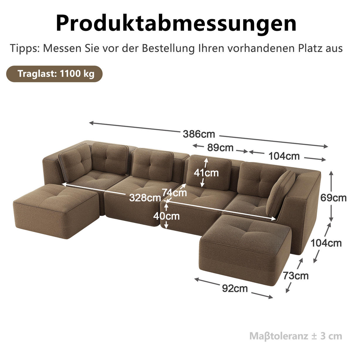 WOHNLANDSCHAFT DE-34220 mit Ottoman und Schlaffunktion Braun - Braun, Textil (177/69/386cm) - ComfortXL