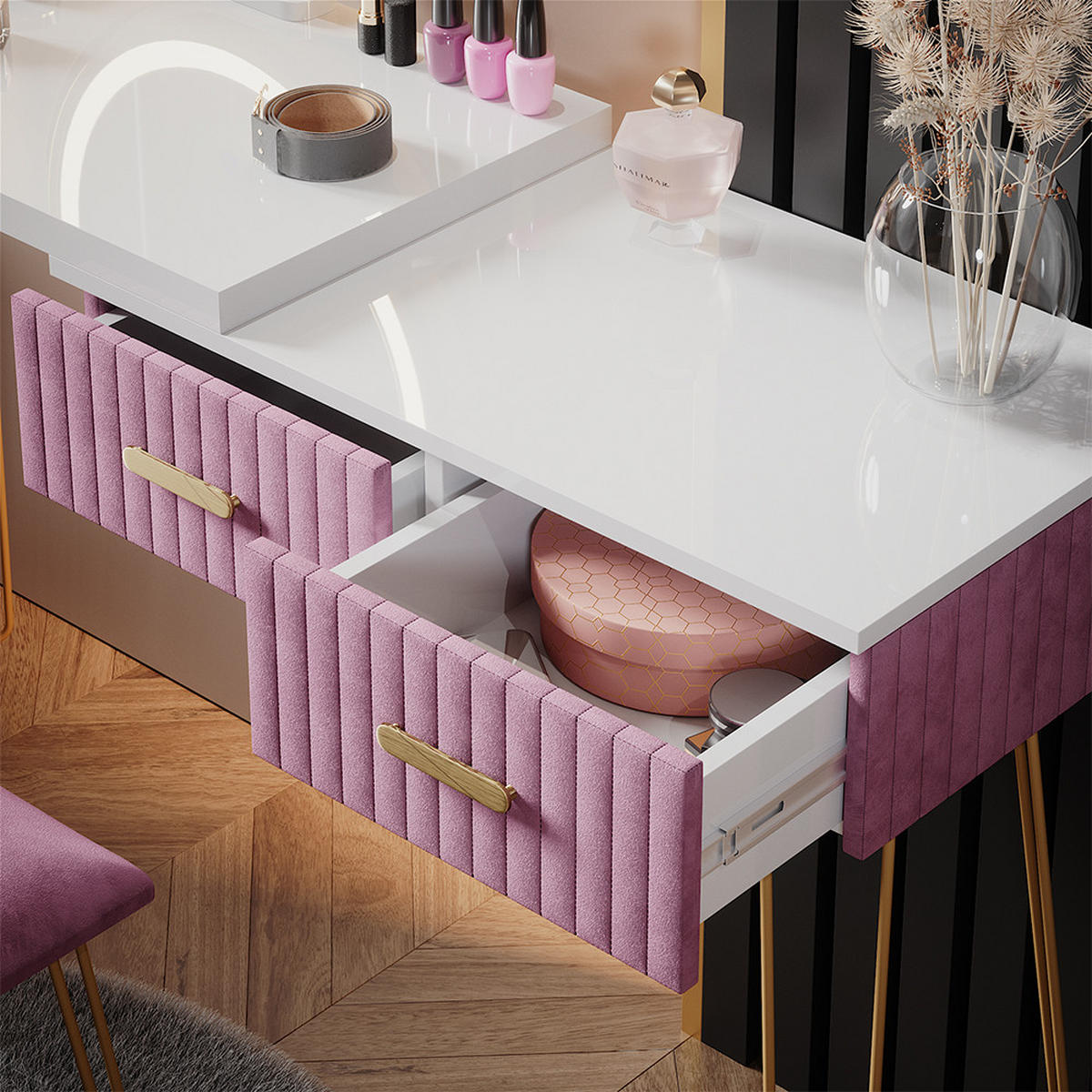 SCHMINKTISCH Zoey Rosa 120 cm mit LED Beleuchtung und Hocker - Pink, Holzwerkstoff (120/76/37cm) - Vicco