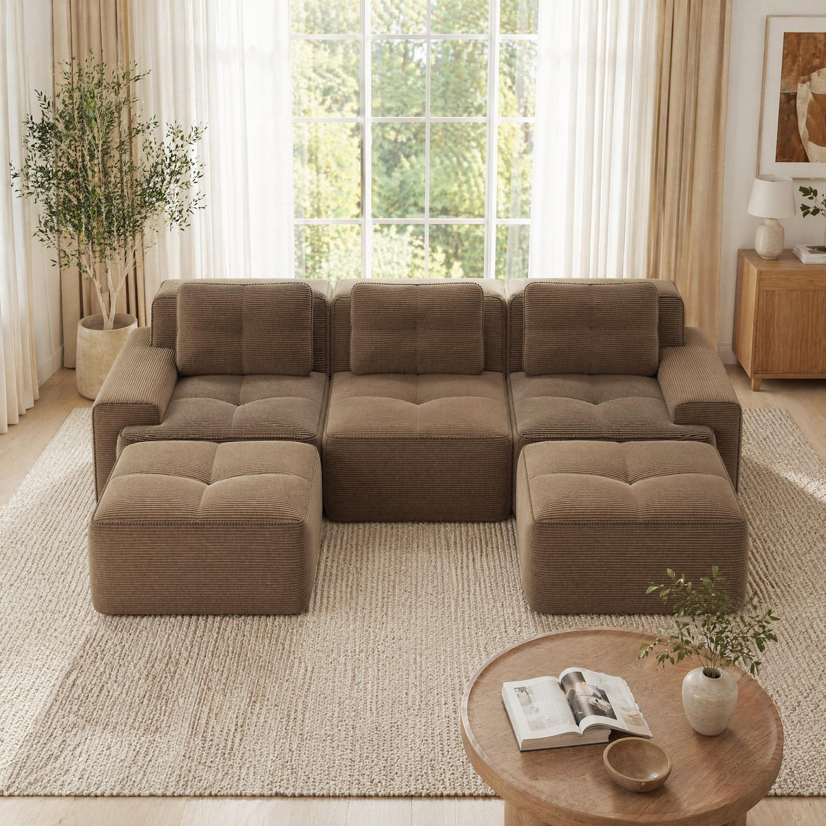 WOHNLANDSCHAFT 293/177/69 cm in Braun aus Cord mit tiefer Sitzfläche - Braun, Textil (177/69/293cm) - Flora Grace
