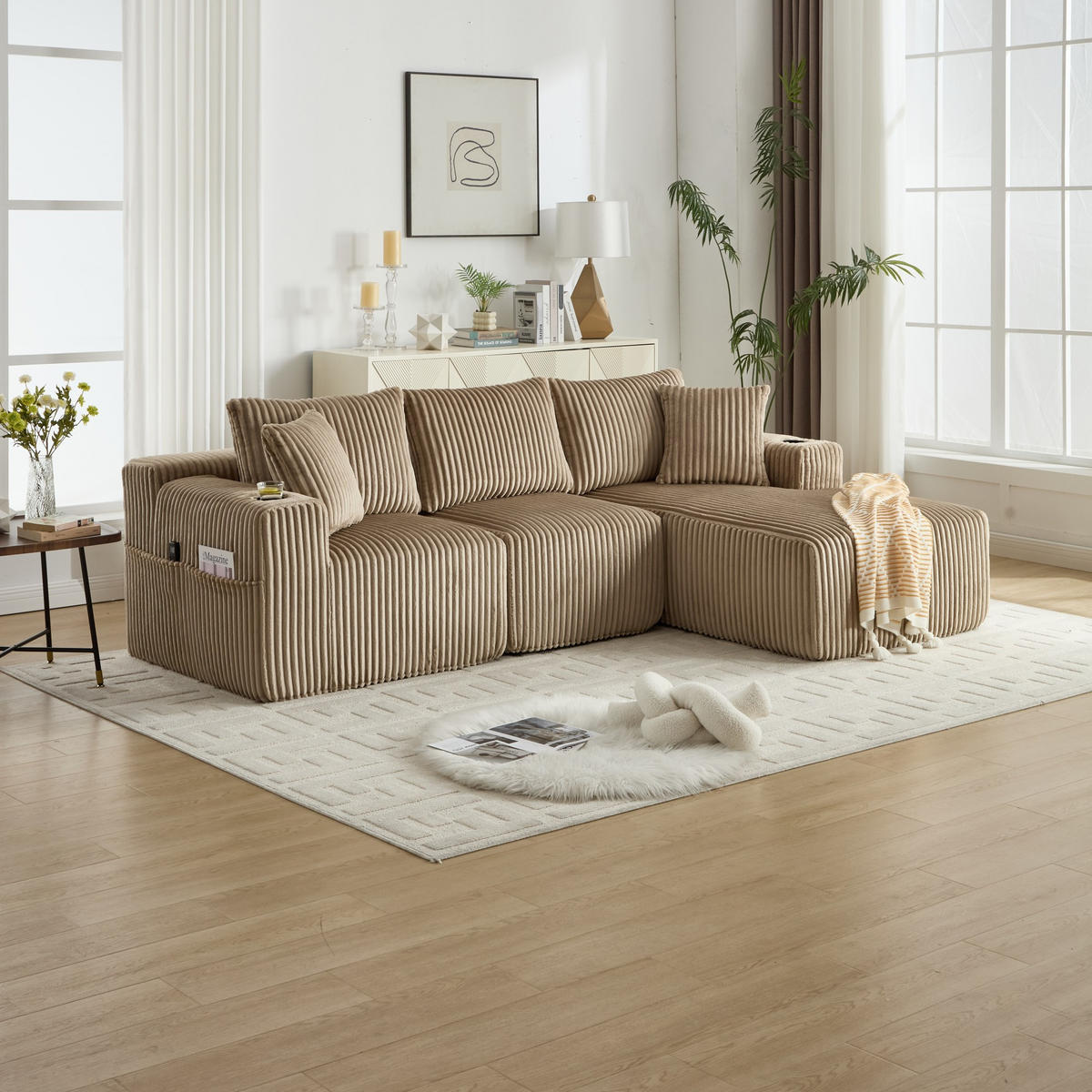 ECKSCHLAFSOFA Modulares Sofa mit Schlaffunktion,Chaiselongue + Zweisitzer,Khaki - Braun, Textil (257/160cm) - LVHOM