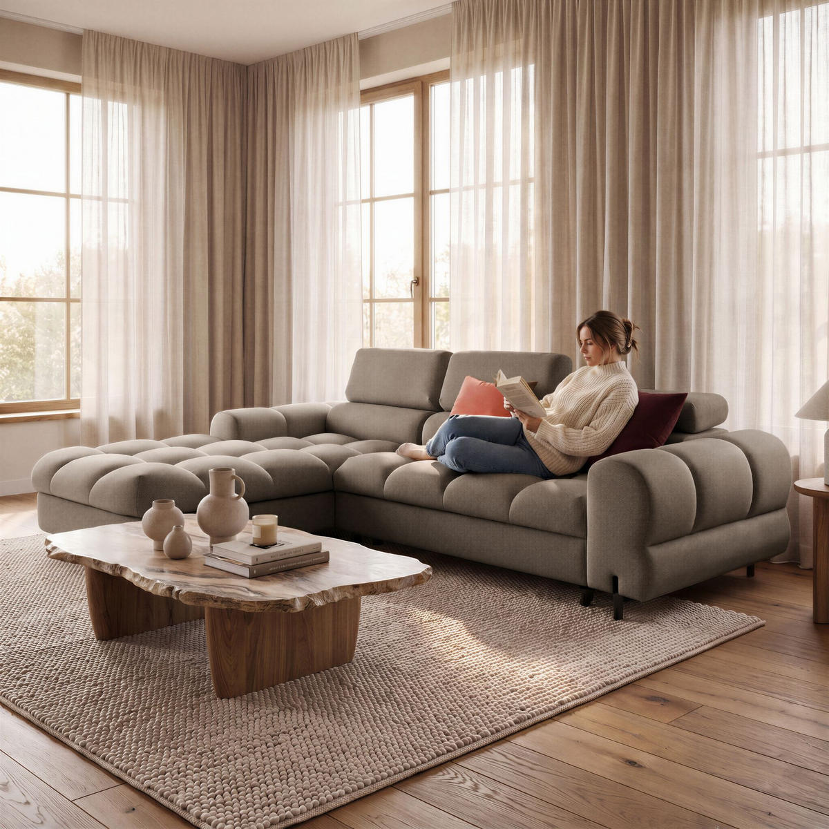 ECKSOFA UFFO L Links mit Schlaffunktion 260x195 Velours Beige - Beige/Schwarz, Holz/Textil (260/195cm) - Muffo