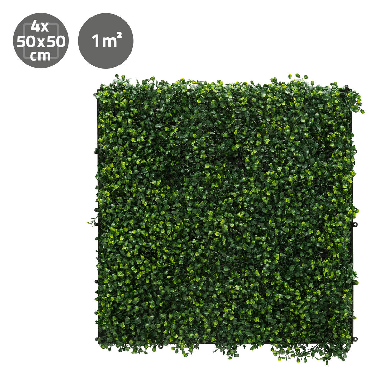 UMĚLÁ ROSTLINNÁ STĚNA, sada 4 ks, 50 x 50 cm, umělé rostliny na stěnu, interiér i exteriér, zelená, Classic Buxus - tmavě zelená, plast (50/50/5cm) - ECD-Germany