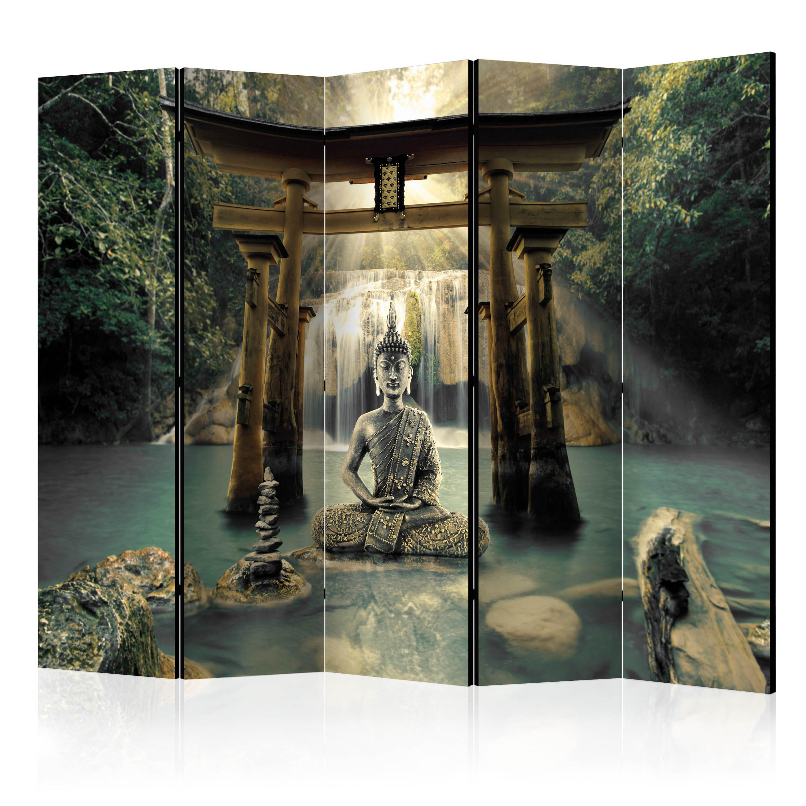 PARAVÁN Jednostranný 5-Dielny 225x172 cm Buddha a Vodopád - viacfarebná, drevo/textil (225/172/3cm) - Muralo