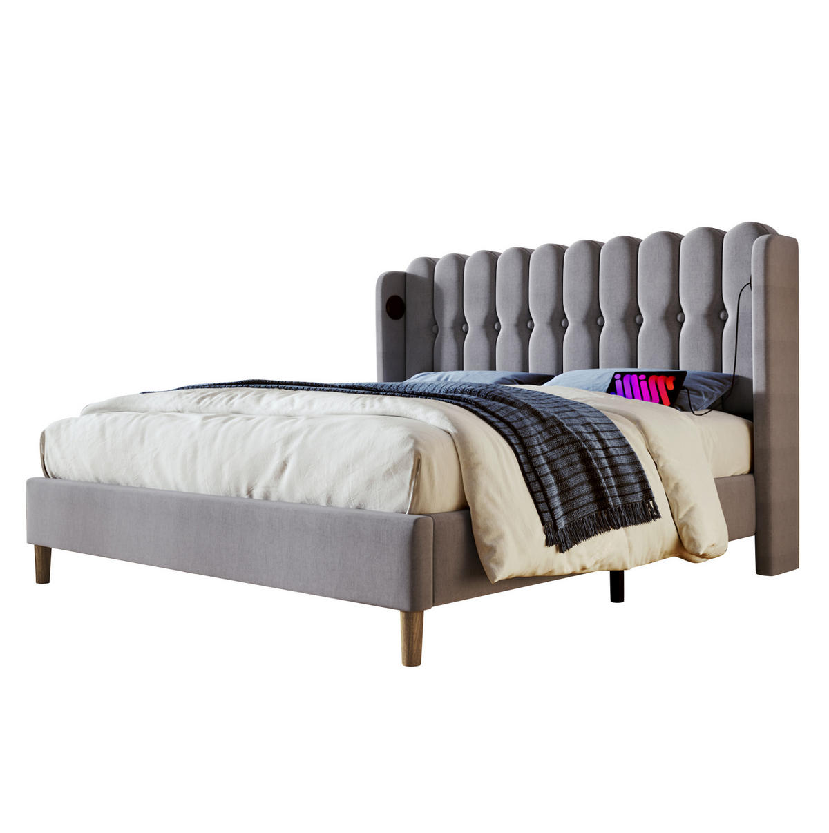 POLSTERBETT 140/200 cm Grau aus Leinen mit Matratze und USB- und Type-C-Anschlüssen - Grau, Textil (140/200cm) - Flora Grace