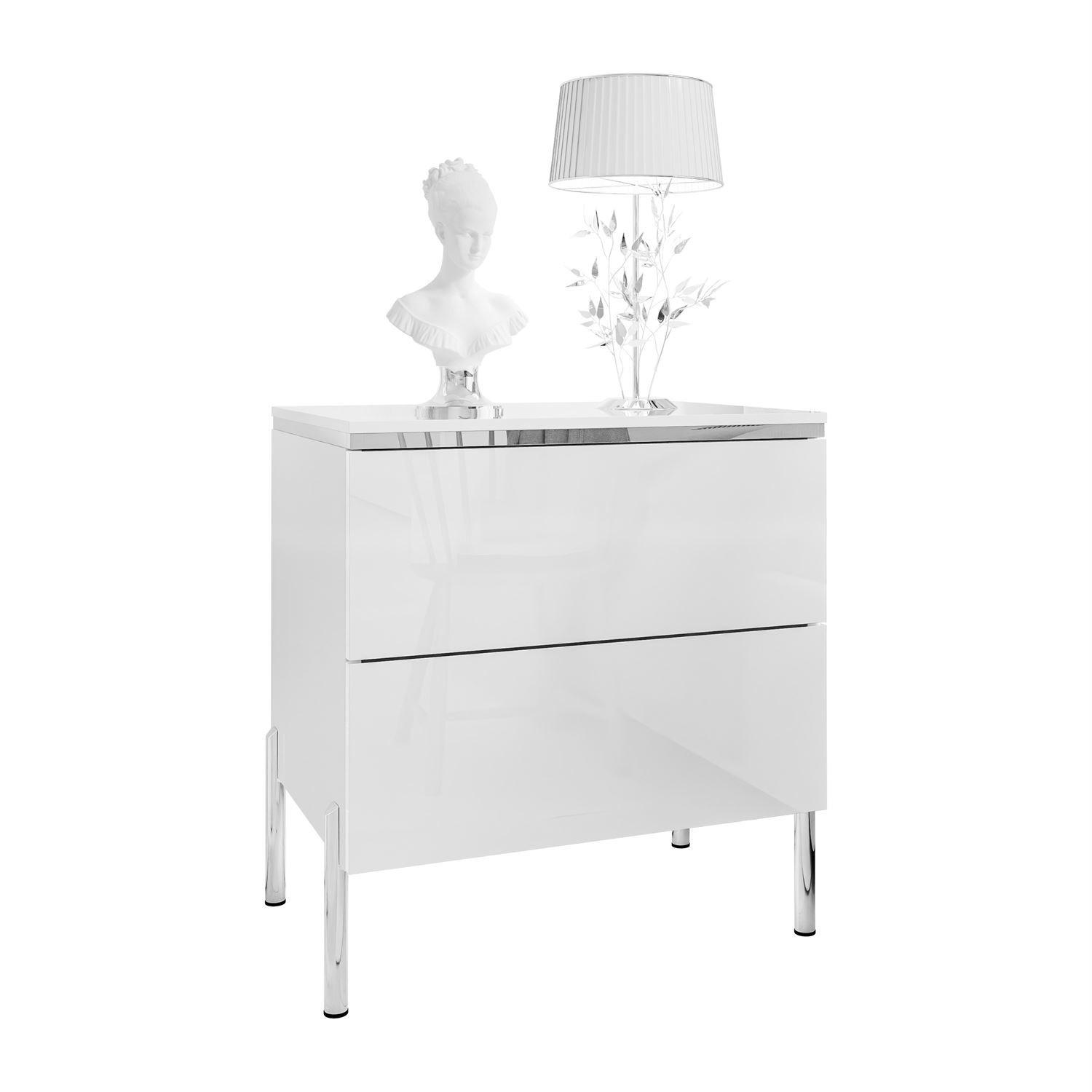 NACHTTISCH AURORA II SILVER Hochglanz Weiß mit LED-Beleuchtung – mit geraden verchromten Beinen - Weiß Hochglanz, Holzwerkstoff (50/54/37cm) - Lookway