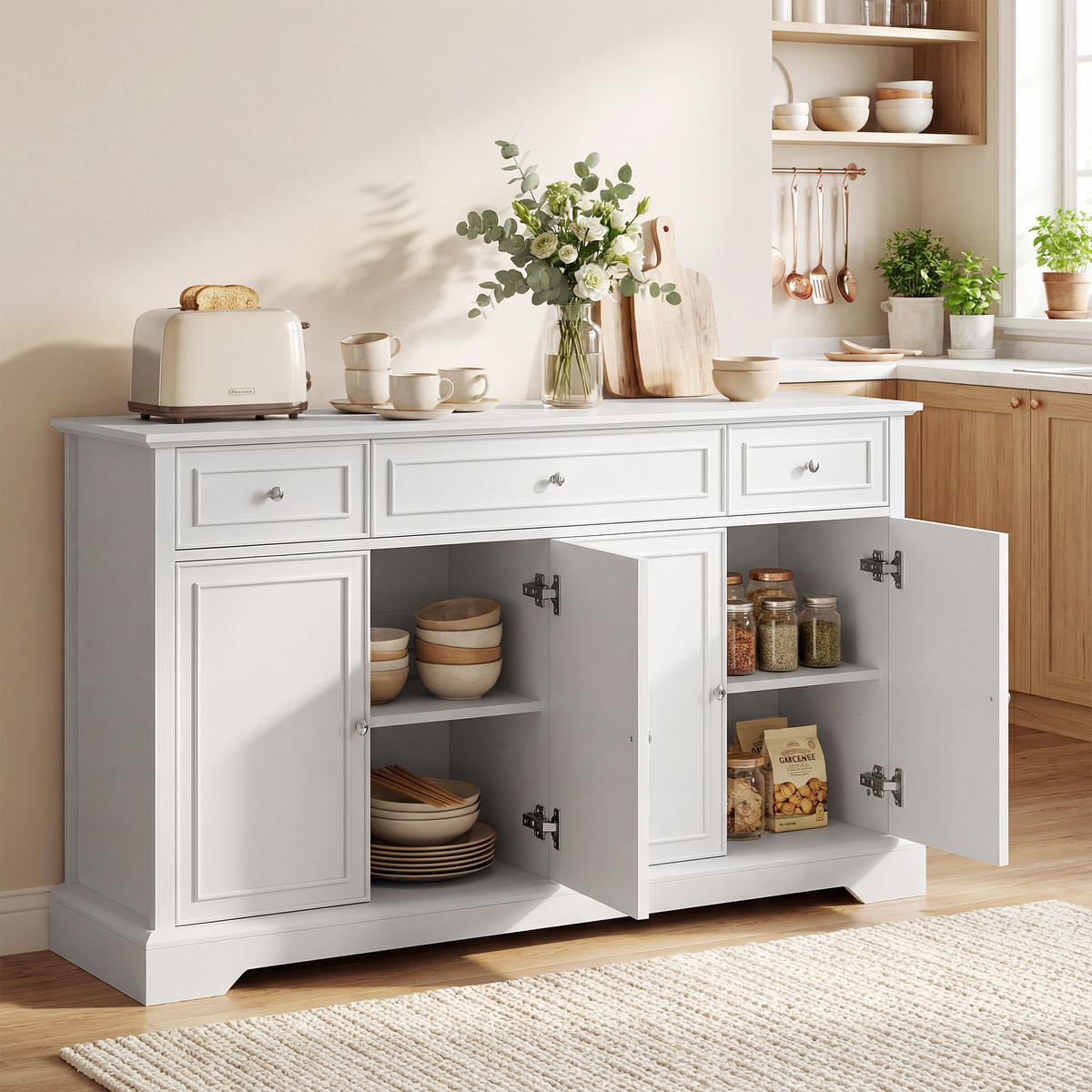 SIDEBOARD Weiß, 4 Türen, 3 Schubladen, 136/38/80 cm - Weiß, Holz (136/80/38cm) - PANGIVO
