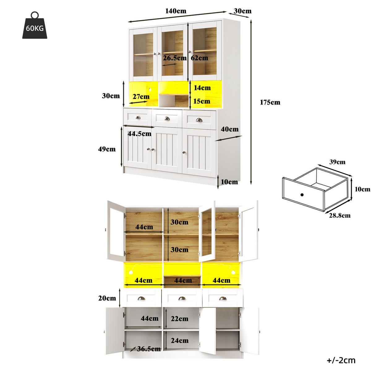 BUFFET 140/40/175 cm in Weiß mit LED-Beleuchtung und verstellbaren Ablagen - Weiß, Holzwerkstoff (140/175/40cm) - Flora Grace