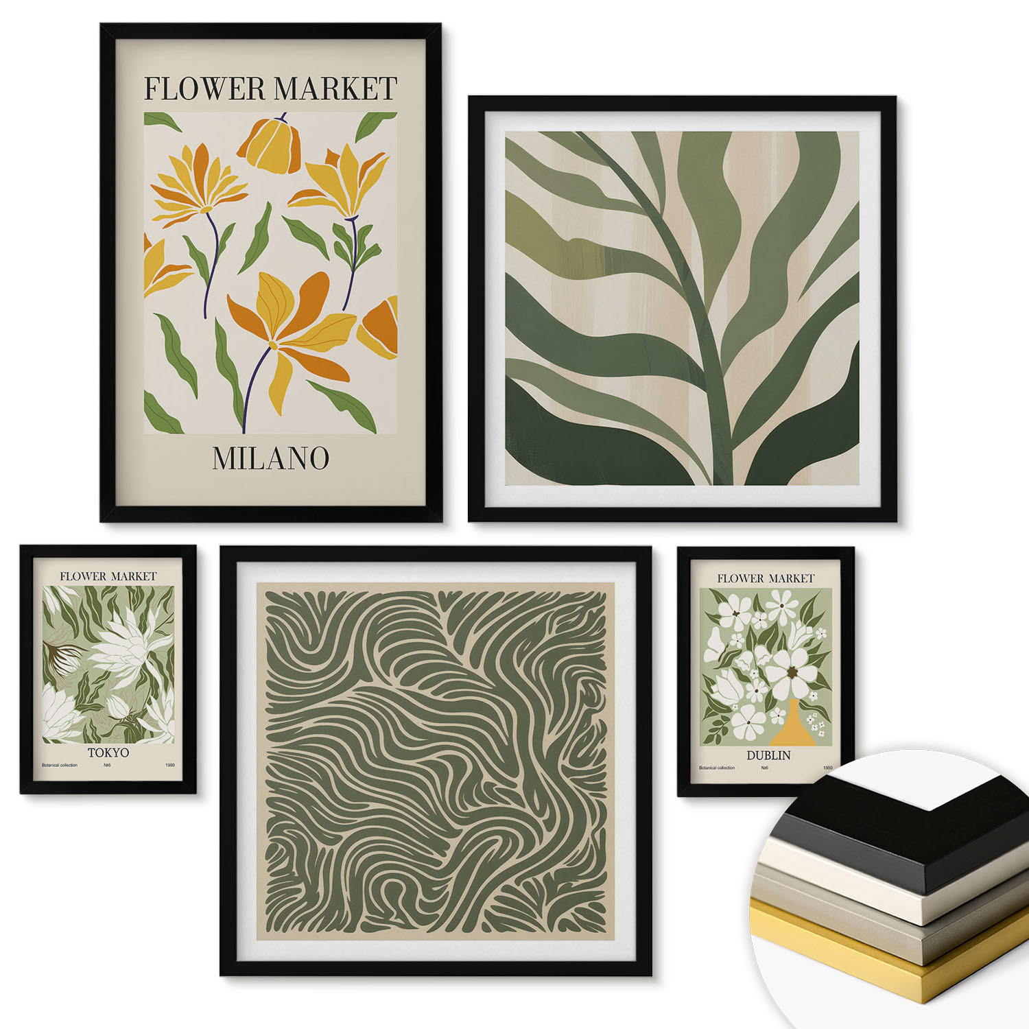 WANDBILDER 5er-Set - 50x50 cm & 20x30 cm & 40x60 cm Schwarzer Rahmen - Pflanzenmuster, Boho-Dekorationen - Schwarz, Kunststoff (40/60cm) - ArtPrintCave