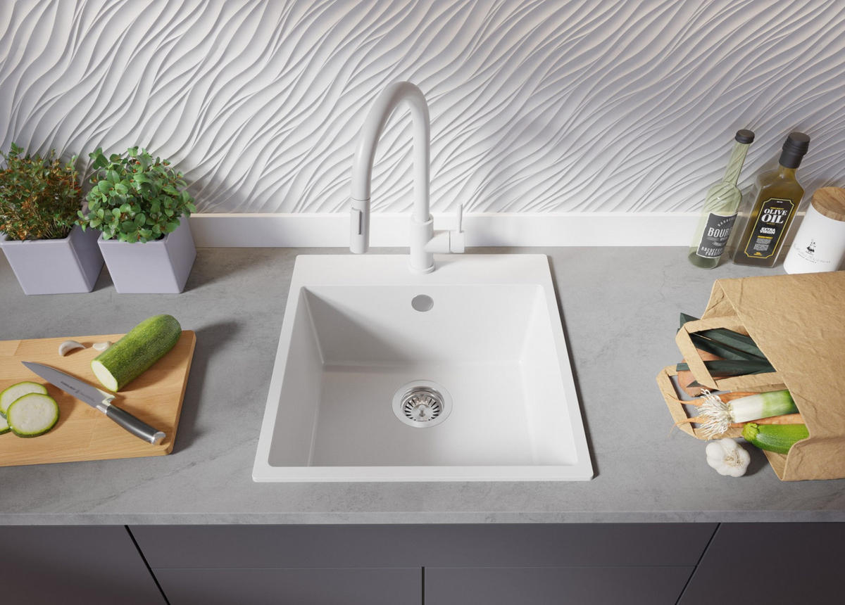 GRANITSPÜLE Riga, 2-er set Weiß 48/50 cm 1 Becken + Küchenarmatur 32/20 cm + Ablauf-Set ab 50er Unterschrank - Chromfarben/Weiß, Kunststoff (48/20/50cm) - Primagran