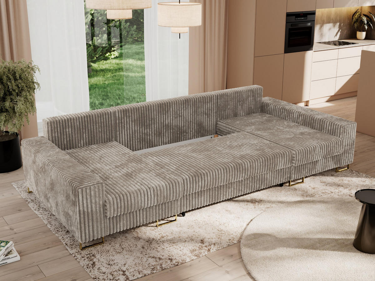 WOHNLANDSCHAFT DORIAN U Cord Hellbraun - Hellbraun/Goldfarben, Textil/Metall (312/95/138cm) - MKS