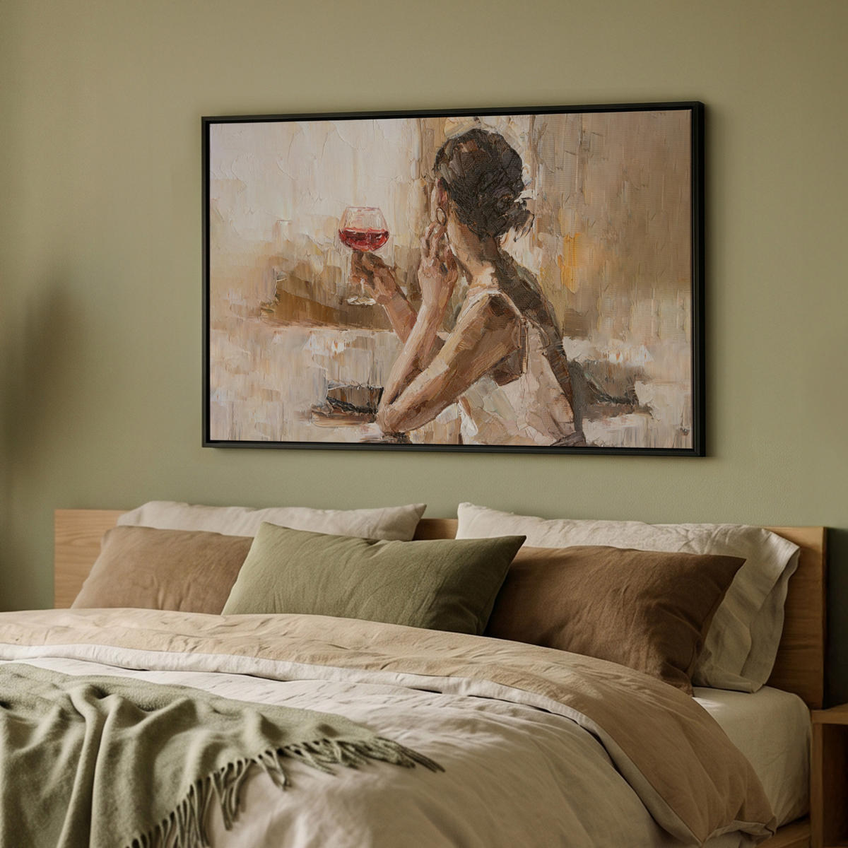 LEINWAND Bilder mit Rahmen - Ölgemälde - Frau - Wein - 90x60 - Hellbraun, Textil (90/60cm) - MuchoWow