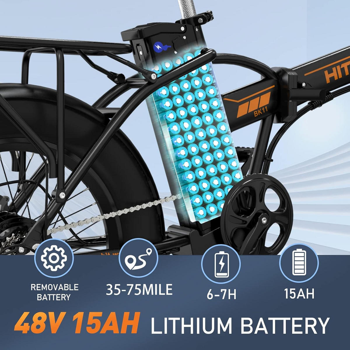 E-BIKE BK11M Klapprad 20 × 4,0 Zoll mit 48V15Ah Akku Max 45-100km - Orange, Metall (30cm) - HITWAY