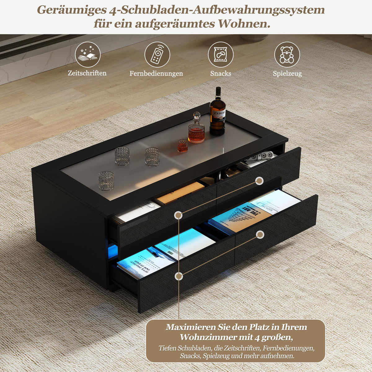 COUCHTISCH in Schwarz mit 4 Schubladen und LED-Beleuchtung für Wohnzimmer, B100/T50/H30 cm - Schwarz, Glas/Holzwerkstoff (50/100/40cm) - STILVORA