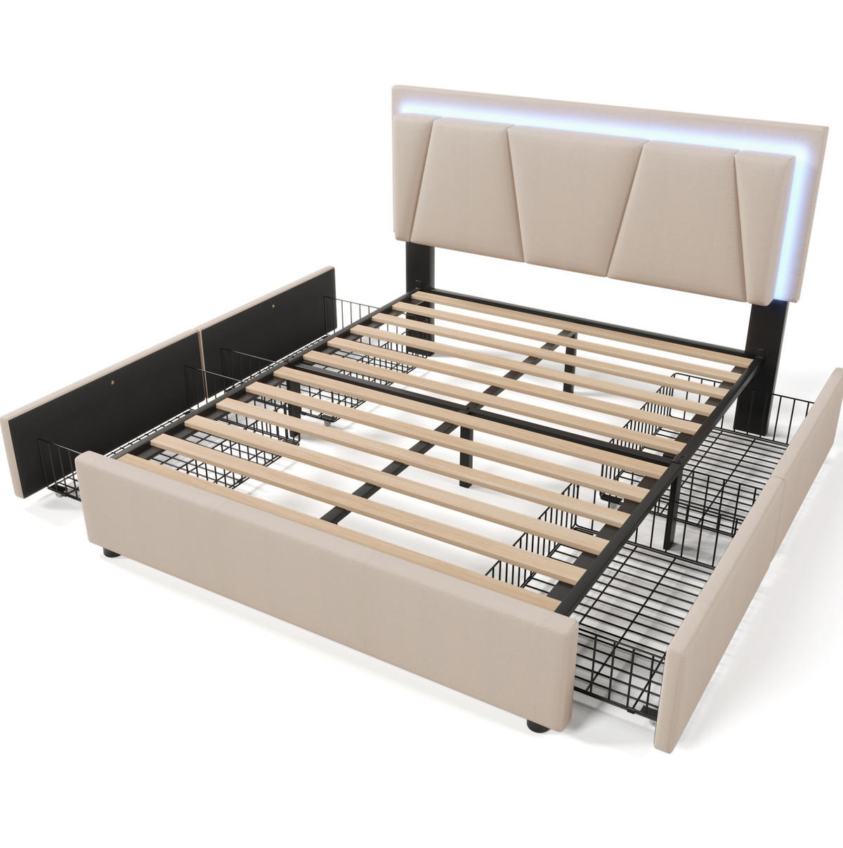 POLSTERBETT aus Leinenmaterial 160x200 cm Beige mit LED-Beleuchtung, 4 Schubladen und Matratze - Beige, Textil (160/200cm) - IVMEU
