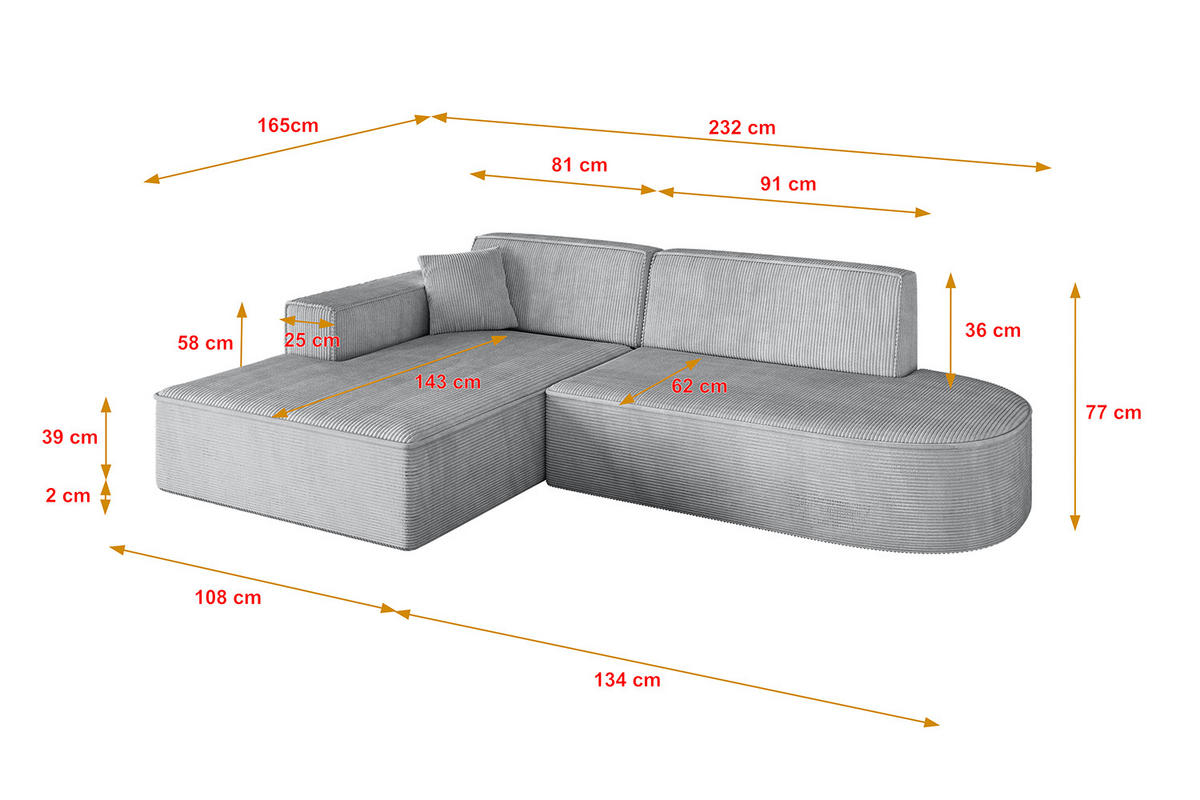 ECKSOFA Ottomane Links IREA-L1-v4 - 232x165x77 cm Grau - Grau, Holzwerkstoff/Textil (232/165cm) - ALTDECOR