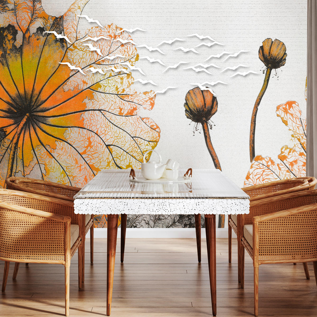 FOTOTAPETE für Esszimmer Große Abstrakte Orange Blumen Blätter 100x70 - Gelb/Orange, Papier (100/70cm) - Muralo