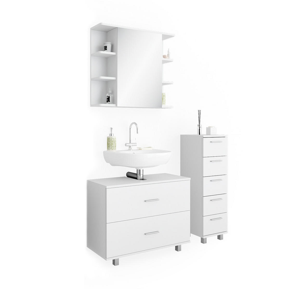 BADMÖBEL-SET Ilias Weiß 3 Teile, mit Unterschrank 80 cm - Weiß, Holzwerkstoff (80/60/33cm) - Vicco