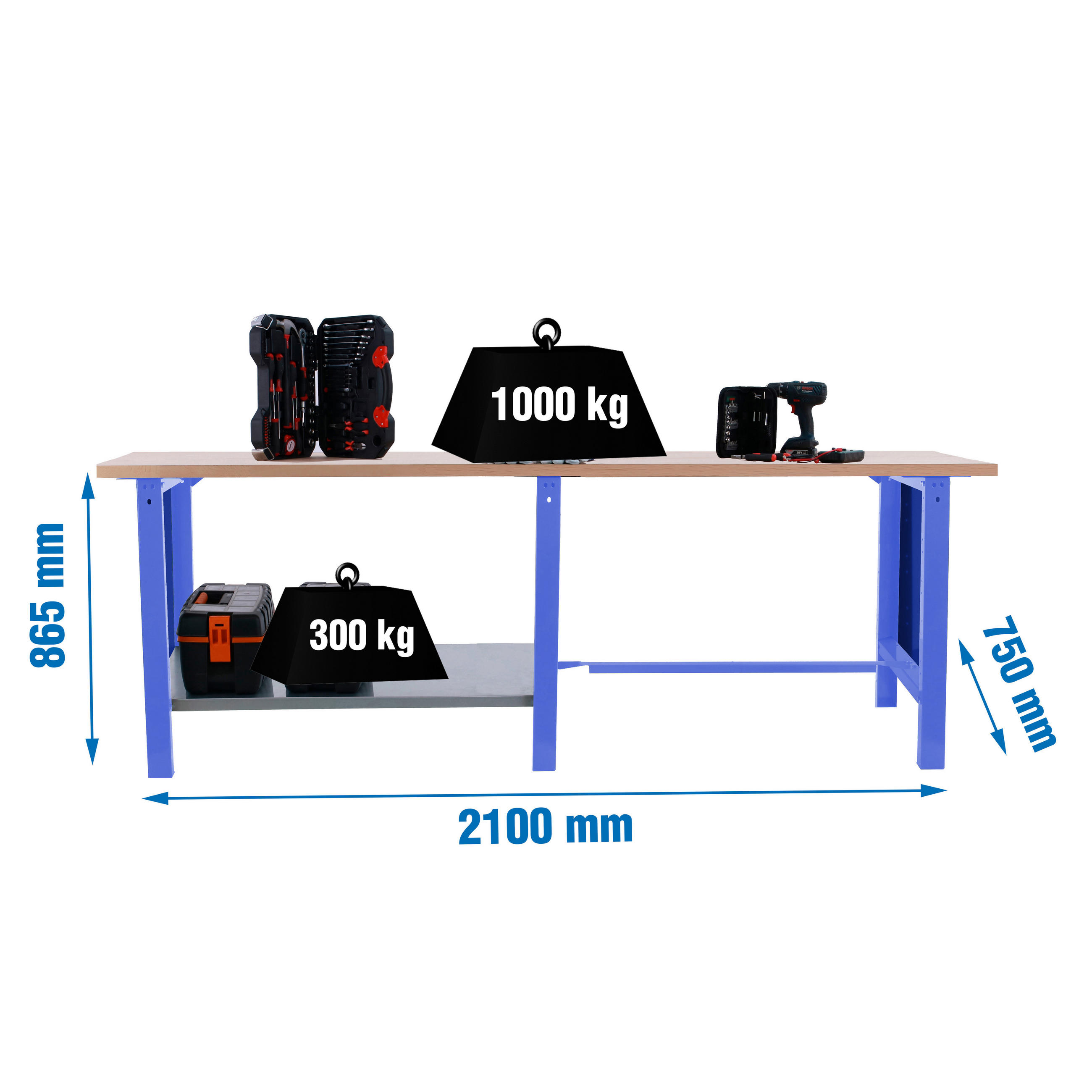 WERKBANK Buffalo Wood HxBxT 86,5 x 210 x 75 cm Traglast 1000 kg Blau - Blau, Metall (210/86.5/75cm) - PROREGAL