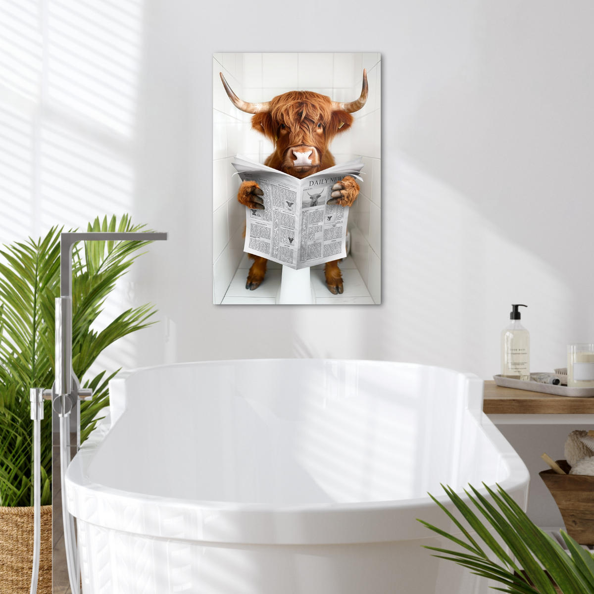 LEINWANDBILD Schottischer Highlander - Tier - Zeitung - Toilette 40x60 cm - Kastanienfarben, Textil (40/60cm) - MuchoWow