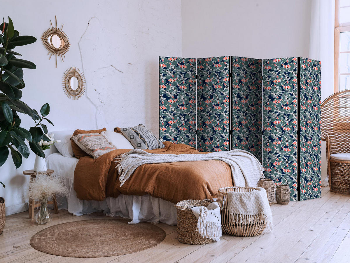PARAVENT Einseitig Bedruckter 5-tlg 225x172 cm Kois und Blätter - Grün, Holz/Textil (225/172/3cm) - Muralo