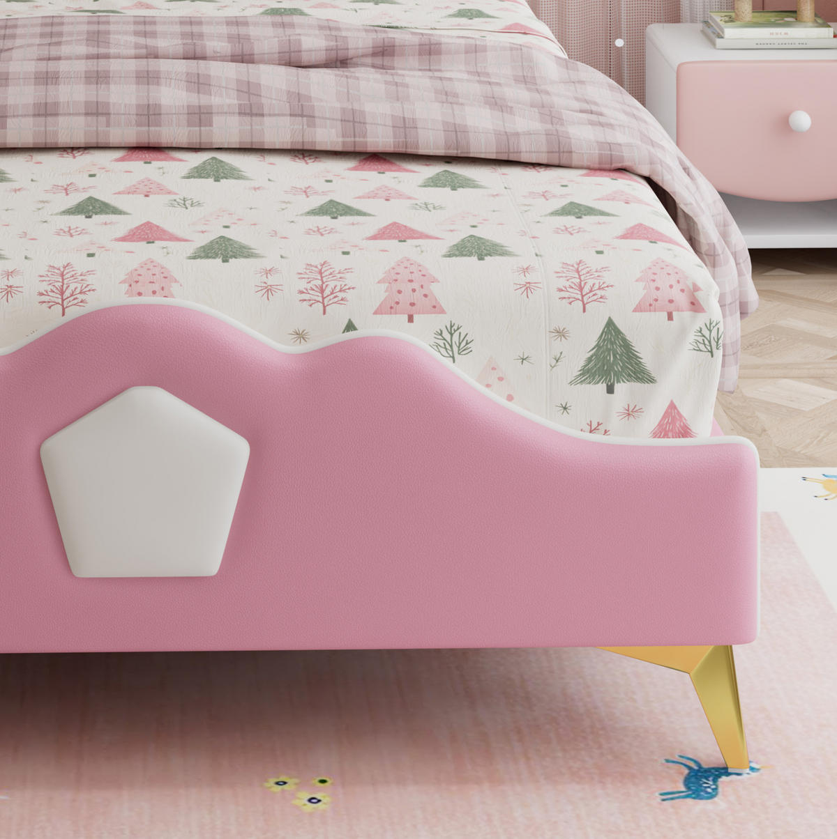 ČALÚNENÁ detská posteľ z PU 208x95,5x104 cm ružovo-biela s korunkovým čelom a mäkkými ochrannými hranami - ružová, plast (90/200cm) - Modfu