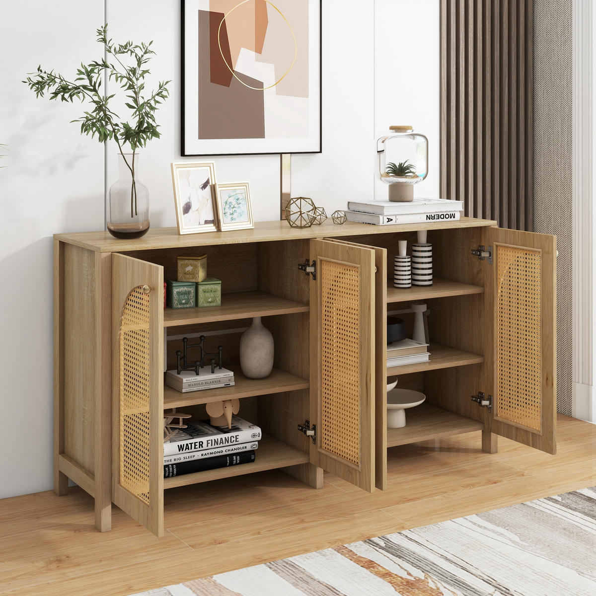 SIDEBOARD 145 cm in Natur Rattan-Optik & 4 Türen im Boho-Stil - Naturfarben, Holzwerkstoff (145/40/80cm) - Urban Meuble