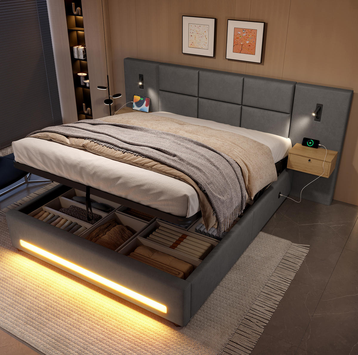 BETT mit Stauraum 180x200 cm Samt Dunkelgrau mit USB-C und LED - Dunkelgrau, Metall (180/200cm) - Meubliv