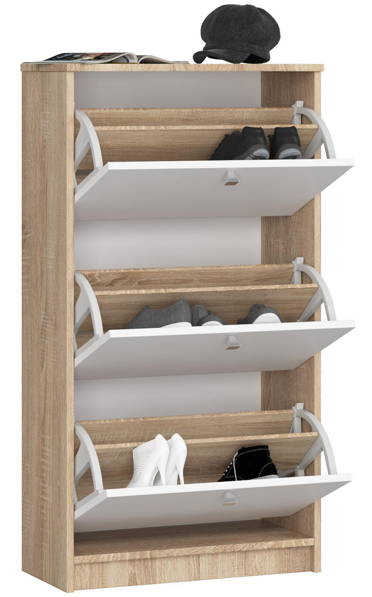 SCHUHSCHRANK Sonoma Eiche, Weiß 60x28.5x113 cm - Silberfarben/Weiß, Holzwerkstoff/Metall (60/113/28.5cm) - Akord