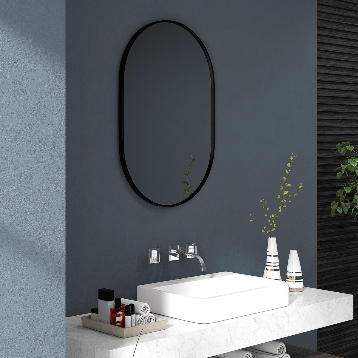 BADEZIMMERSPIEGEL DE-15188 oval 60/90 cm, 2-in-1 Montage Schwarz - Schwarz, Metall (3/60/90cm) - ComfortXL