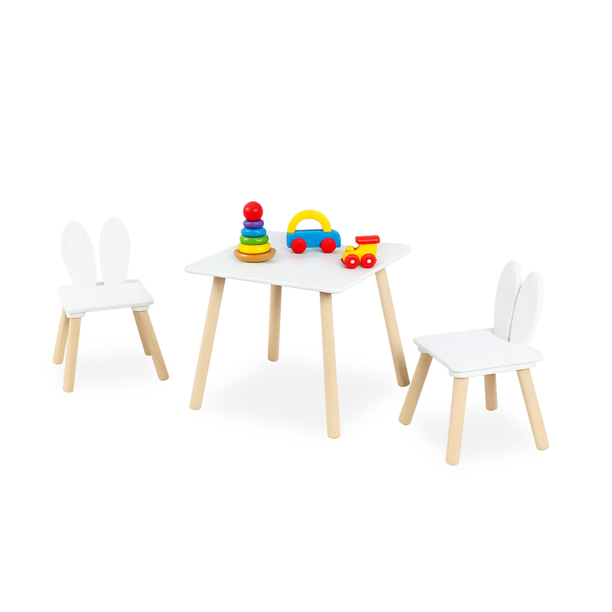 Relaxdays SÚPRAVA Biela prírodná 3-dielny-set stôl 50x50 cm zajačie uši