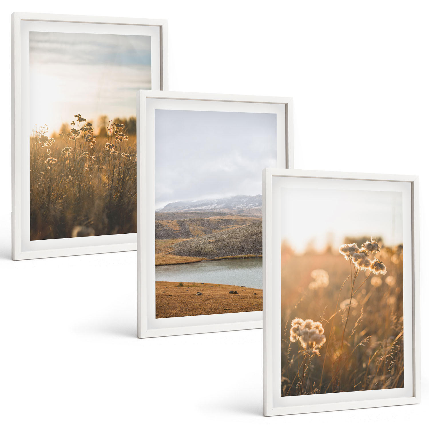 BILDER SET 3er Set - 40x60 cm Weißer Rahmen - Landschaften Wiesen Berge See - Weiß, Kunststoff (40/60cm) - TULUP