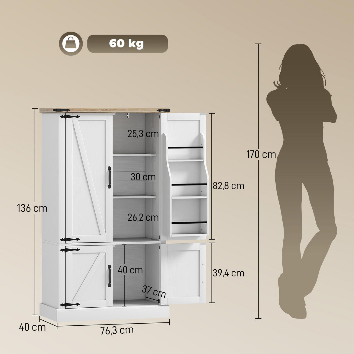 BUFFET DE-11280 4 Türen Weiß - Weiß, Holzwerkstoff (40/136/76.3cm) - ComfortXL