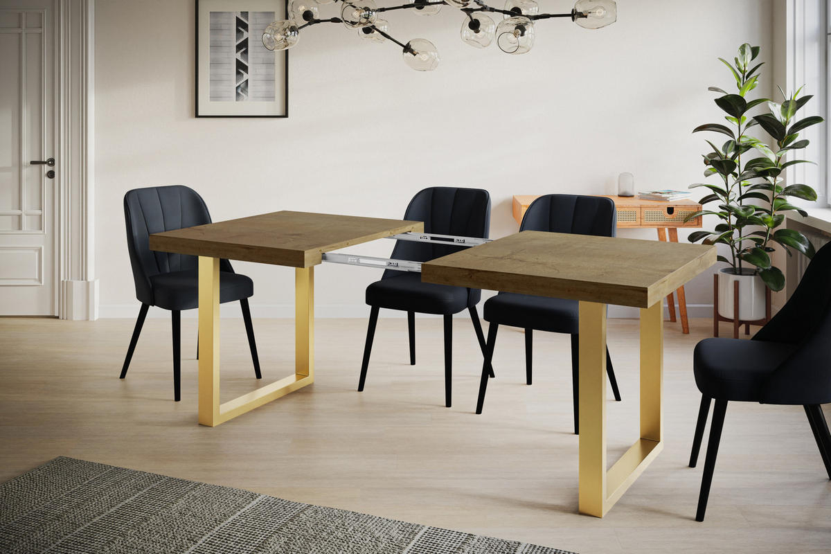 ESSZIMMERTISCH LOFT-U, ausziehbarer Tisch 120-220X80X77 cm, Farbe: LEFKAS, mit Metallbeinen in Farbe Gold - Dunkelbraun/Goldfarben, Holzwerkstoff (120/80/77cm) - Alpi-Möbel