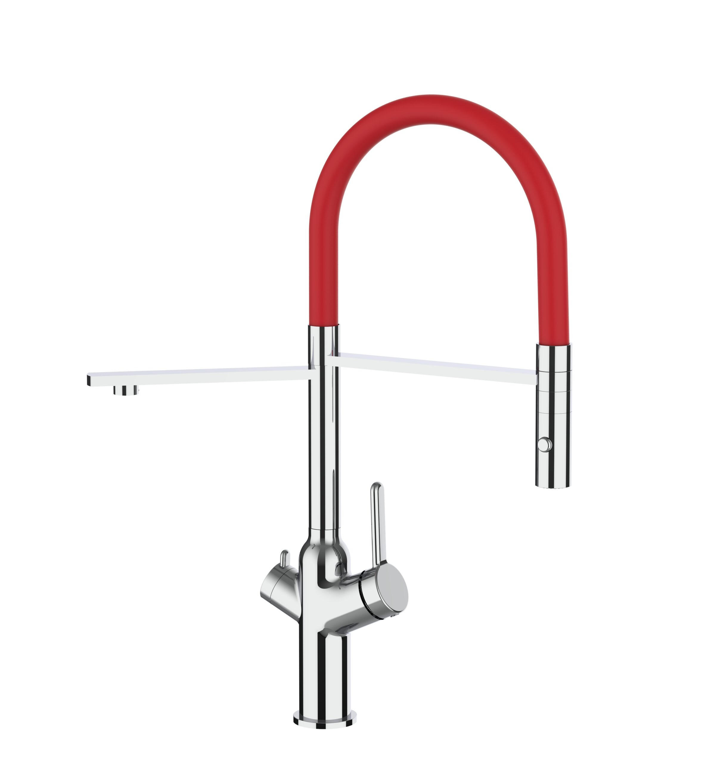 4-WEGE-KÜCHENARMATUR, Verchromt und Rot, 2-Strahl-Brause - Chromfarben, Metall (20.61/48/20.61cm) - VIZIO