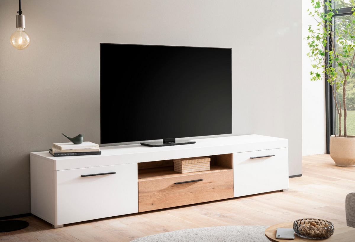 TV-LOWBOARD weiß matt, Evoke Eiche, TV Unterteil 205 cm, Soft-Close-Funktion - Eichefarben/Silberfarben, Holzwerkstoff/Kunststoff (205/44/45cm)