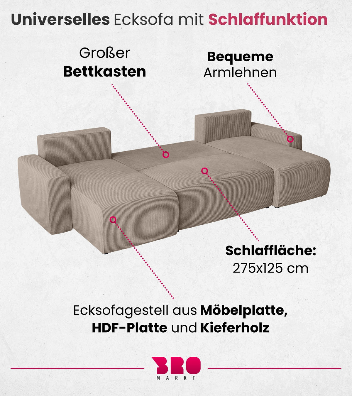WOHNLANDSCHAFT Plush mit Schlaffunktion Beige Cord - Beige, Kunststoff/Textil (315/72/145cm) - Bromarkt