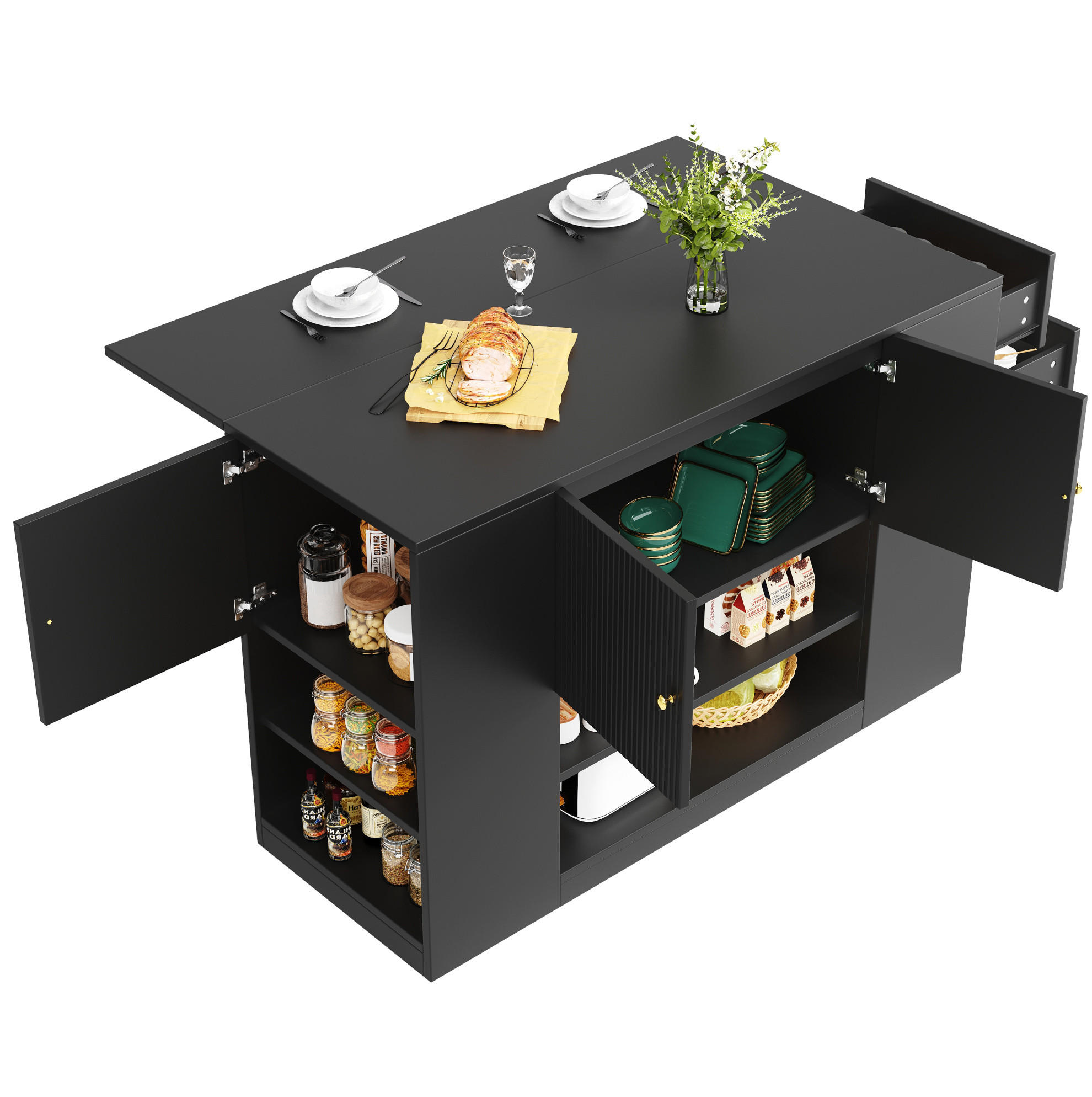 KÜCHENINSEL aus MDF mit Klapptisch & Stauraum, 140/40/90 cm, Schwarz - Schwarz, Holzwerkstoff (40/90/140cm) - Redom